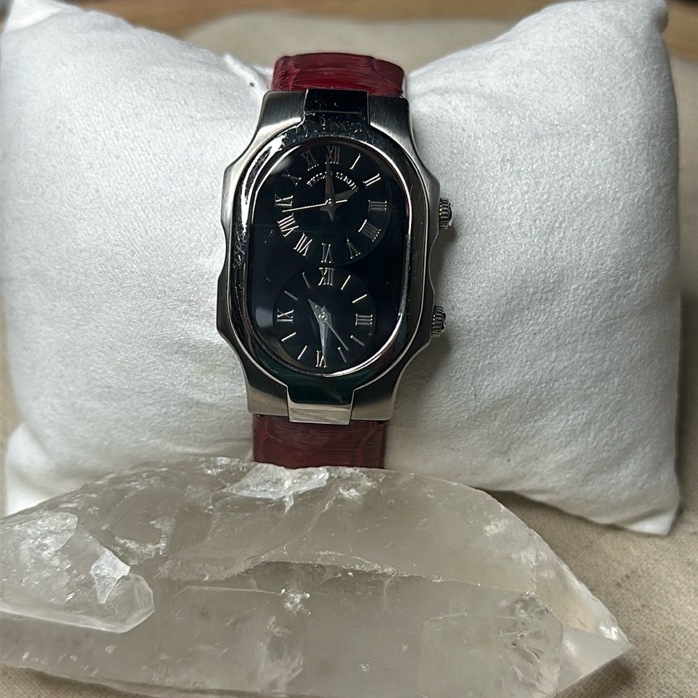 Philip Stein Dual Time Genuine Alligator Red Leather Watch AS IS